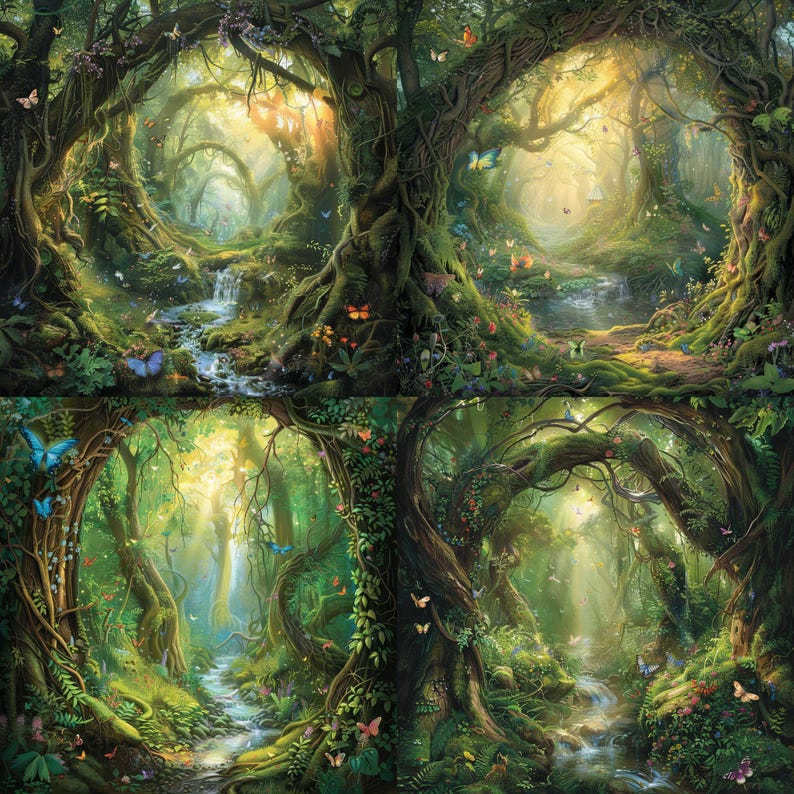 May include: A digital painting of a lush, green forest with a winding stream running through it. The trees are tall and thick, with branches that intertwine overhead. Sunlight filters through the leaves, creating a dappled effect on the forest floor. Butterflies flutter around the trees and stream.