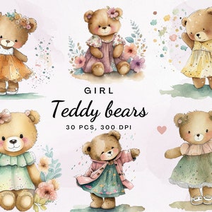 Teddy Bär Clipart, 30 hochwertige transparente PNG, Teddy Bär Mädchen, Aquarell, Kartenherstellung, digitaler Planer, digitales Papiermodell