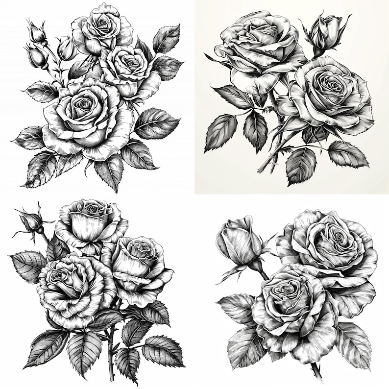 Op de afbeelding: Vier zwart-wittekeningen van rozen met bladeren en stelen. Elke tekening toont een andere opstelling van rozen.