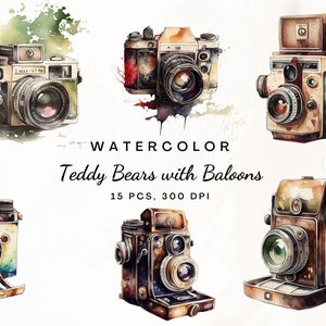 May include: Watercolor illustration of vintage cameras with a watercolor background. The cameras are in various shades of brown, green, and blue. The text "WATERCOLOR Teddy Bears with Baloons 15 PCS, 300 DPI" is written below the cameras.