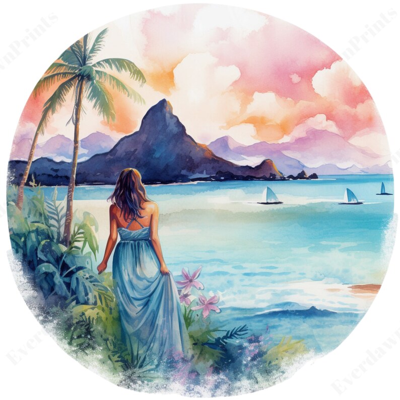 May include: A woman in a blue dress stands on a beach with a mountain in the background. The sky is pink and orange, and there are sailboats in the water.