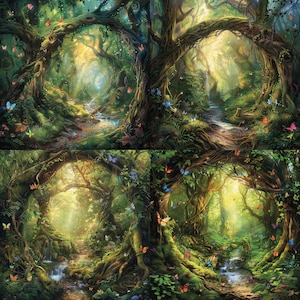 May include: A digital painting of a magical forest with a winding path, lush greenery, and a stream flowing through the center.  Butterflies of various colors flutter around the trees and flowers.