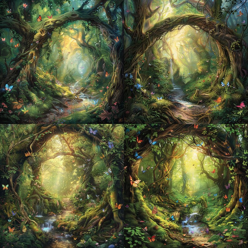 May include: A digital painting of a magical forest with a winding path, lush greenery, and a stream flowing through the center.  Butterflies of various colors flutter around the trees and flowers.