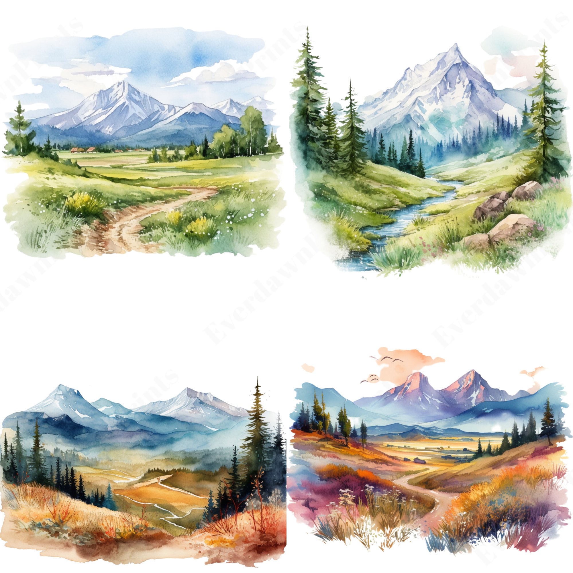 24 Watercolor Landscape With Mountains Clipart, Transparent
