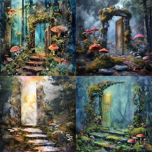 May include: Four digital paintings of magical forest scenes with stone archways leading to a bright light. Each scene features a variety of colorful mushrooms and lush greenery.