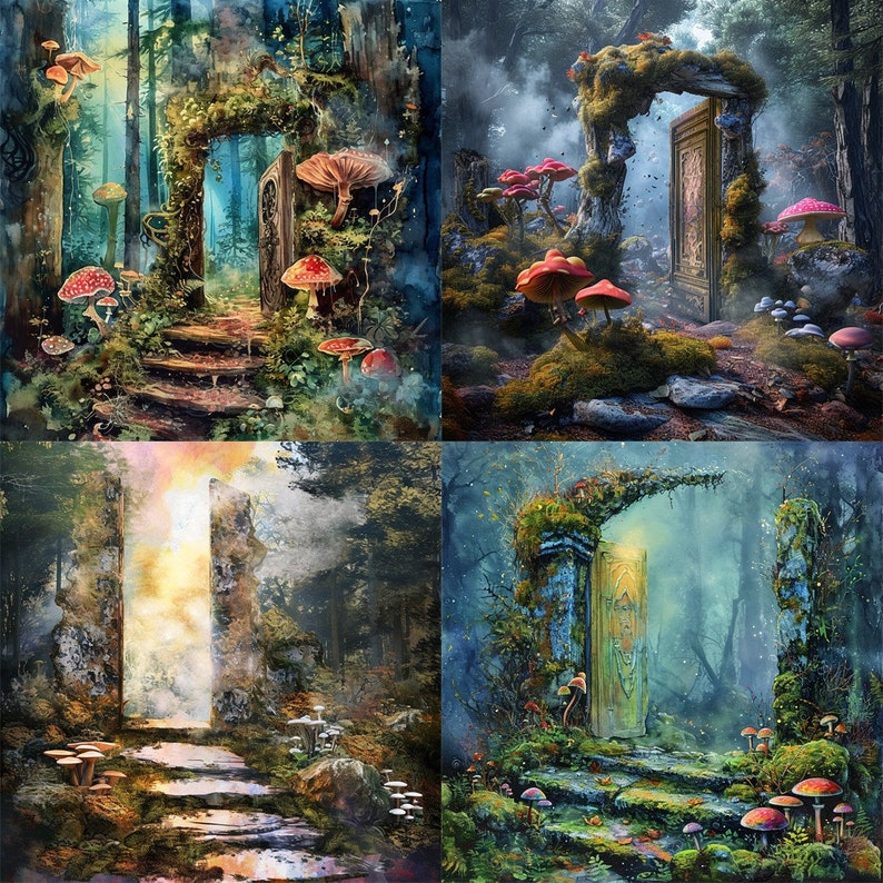 May include: Four digital paintings of magical forest scenes with stone archways leading to a bright light. Each scene features a variety of colorful mushrooms and lush greenery.