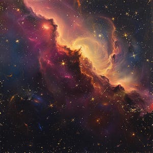 以下が含まれることがあります： 赤、オレンジ、黄色のガスが渦巻く宇宙の星雲を描いた絵画。星雲は、きらめく星のフィールドに囲まれています。