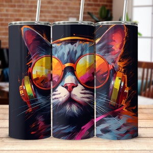 Gato com óculos de sol, design de sublimação, copo magro de 20 onças, copo PNG, download instantâneo, gato PNG, gato clipart