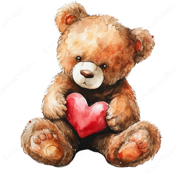 17 Watercolor Teddy Bear with Heart, Printable Nursery Decor, Kids Room Wall Art, Digital Download, Gender Neutral Baby Gift Idea