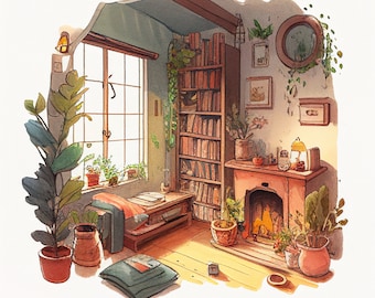 May include: A cozy living room with a fireplace, a bookshelf filled with books, and a window with a view of the outdoors. The room is decorated with plants and a variety of other decorative items.