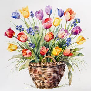 44 Spring Tulip Basket Clipart, Watercolor Floral Illustration, Colorful Tulips Bouquet Art Flower Clip Art Digital Download Flowers Clipart