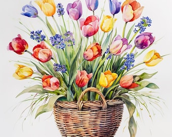 May include: A wicker basket overflowing with a colorful bouquet of tulips in shades of yellow, pink, purple, and red. The tulips are arranged in a natural, flowing style, creating a vibrant and cheerful display.