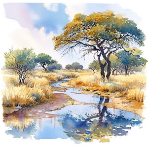 28 African Savanah Watercolor Clipart, Digital Download, Nature Wall Art, Printable Fall Scenery, Rustic Home Decor, Mountain Lake View