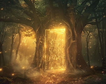 32 Enchanted Forest Magic Portal Clipart, Mystical Golden Light Illustration, Fantasy Forest Digital Art Download Forest Watercolor Clipart