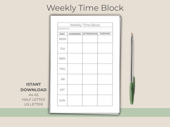 Time Blocking Weekly Planner Printable PDF, Productivity Organizer, Morning Afternoon Evening, A4 A5 US Letter, Instant Download