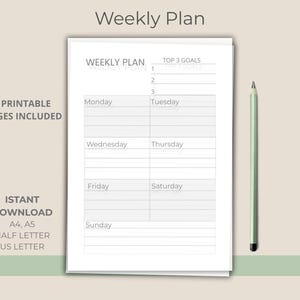 Minimal Weekly Planner Printable, Monday to Sunday Planner PDF, 8 Page Weekly Planner, A4 A5 US Letter Half Letter, Instant Download