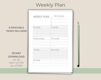 Minimalistische weekplanner om te printen, planner van maandag tot en met zondag (PDF), weekplanner van 8 pagina's, A4, A5, US Letter, Half Letter, direct te downloaden.