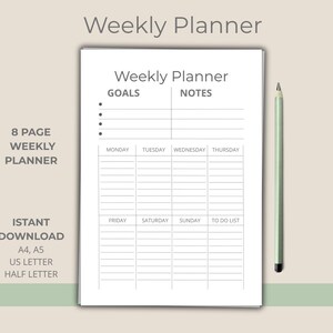 May include: A white weekly planner with a green pencil on a light green background. The planner includes sections for goals, notes, and a daily schedule from Monday to Sunday. Text on the planner reads "Weekly Planner" and "8 Page Weekly Planner".