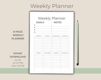 Op de afbeelding: Een witte weekplanner met een groene potlood op een lichtgroene achtergrond. De planner bevat secties voor doelen, notities en een dagschema van maandag tot en met zondag. Tekst op de planner luidt "Weekly Planner" en "8 PAGE WEEKLY PLANNER".