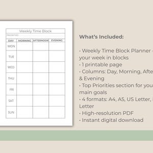 Op de afbeelding: Een wekelijkse tijdblokplanner-pagina met zwarte rasterlijnen. De koptekst luidt Weekly Time Block en Priorities. Het raster bevat kolommen voor Dag, Ochtend, Middag en Avond, met rijen voor maandag tot en met zondag.