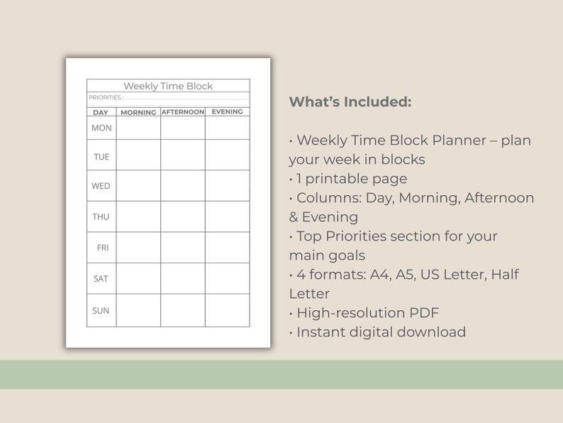 Op de afbeelding: Een wekelijkse tijdblokplanner-pagina met zwarte rasterlijnen. De koptekst luidt Weekly Time Block en Priorities. Het raster bevat kolommen voor Dag, Ochtend, Middag en Avond, met rijen voor maandag tot en met zondag.