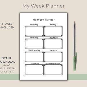 Weekly Planner PDF – 8-Page Vertical Minimal Planner with 8 Boxes + Notes & Goals – Undated Printable Digital Download