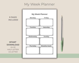 Weekplanner PDF – 8 pagina's tellende verticale minimalistische planner met 8 vakjes + notities en doelen – Ongedateerde printbare digitale download