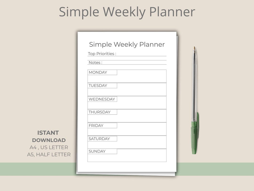 Minimal Weekly Planner Printable PDF, Monday to Sunday Organizer, Top ...