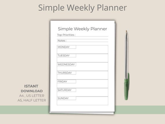 Minimal Weekly Planner Printable PDF, Monday to Sunday Organizer, Top Priorities & Notes, A4 A5 US Letter Half Letter, Instant Download