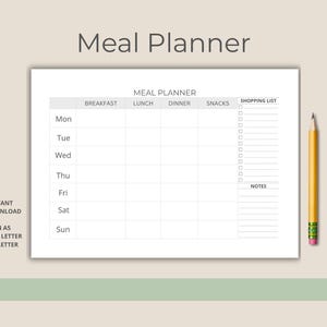 Meal Planner Printable Weekly Meal Planner Grocery List Minimalist Meal Plan Template Weekly Food Planner Instant Download