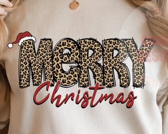 Stampa leopardata Buon Natale con cappello da Babbo Natale, Buon Natale png, Design digitale PNG di Natale, Download di design per sublimazione delle festività