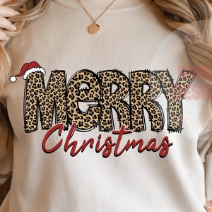 Leopard Print Merry Christmas with Santa Hat, Merry Christmas png, Christmas PNG Digital Design, Holiday Sublimation Design Download