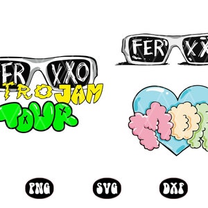 Puede incluir: Un diseño gráfico con gafas de sol con el texto "FER XXO", "NITRO JAM TOUR" y un corazón con el texto "XOXO". El diseño incluye los tipos de archivo PNG, SVG y DXF.