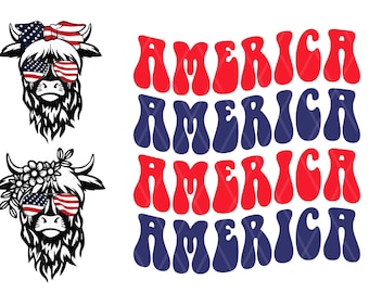 Paquete de vacas de las tierras altas patrióticas de Estados Unidos SVG, 4 de julio SVG, bandana con bandera de EE. UU., vaquilla, PNG, archivos para Cricut, descarga de diseños de sublimación