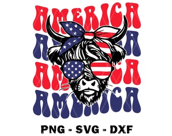 Vaca patriótica de las tierras altas de Estados Unidos SVG, 4 de julio SVG, bandana con bandera de EE. UU., gafas de sol, vaquilla, PNG, archivos para Cricut, descarga de diseños de sublimación