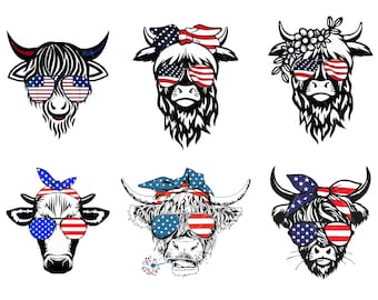 Patriotic Highland Cow SVG, 4 de julio SVG, Usa Flag Bandana Gafas de sol, Heifer, Png, Archivos para Cricut, Diseños de sublimación Descargar