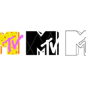 K&ouml;nnte beinhalten: Drei Versionen des MTV-Logos werden gezeigt. Die erste ist gelb mit orangefarbenen Punkten und einer rosa "TV"-Grafik. Die zweite ist schwarz mit einem wei&szlig;en geometrischen Muster. Die dritte ist eine wei&szlig;e Umrisslinie.