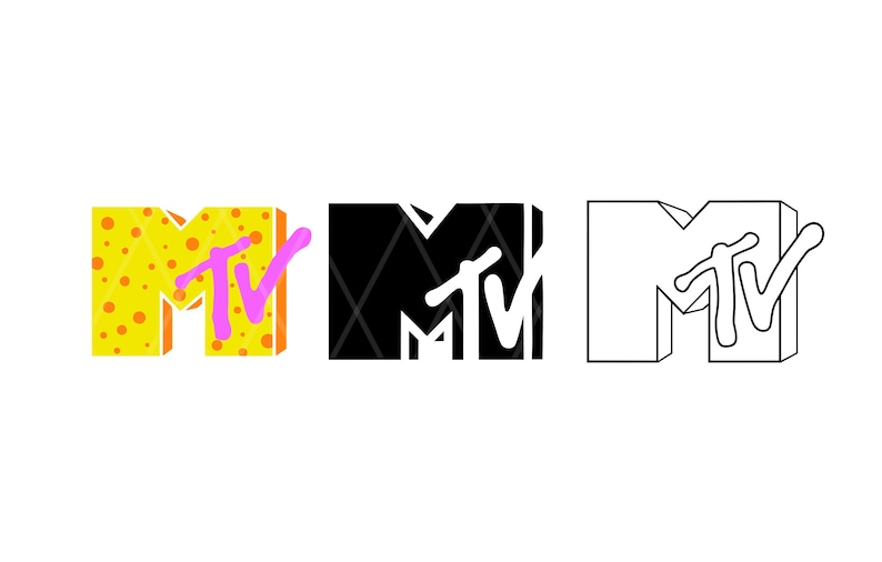 K&ouml;nnte beinhalten: Drei Versionen des MTV-Logos werden gezeigt. Die erste ist gelb mit orangefarbenen Punkten und einer rosa "TV"-Grafik. Die zweite ist schwarz mit einem wei&szlig;en geometrischen Muster. Die dritte ist eine wei&szlig;e Umrisslinie.