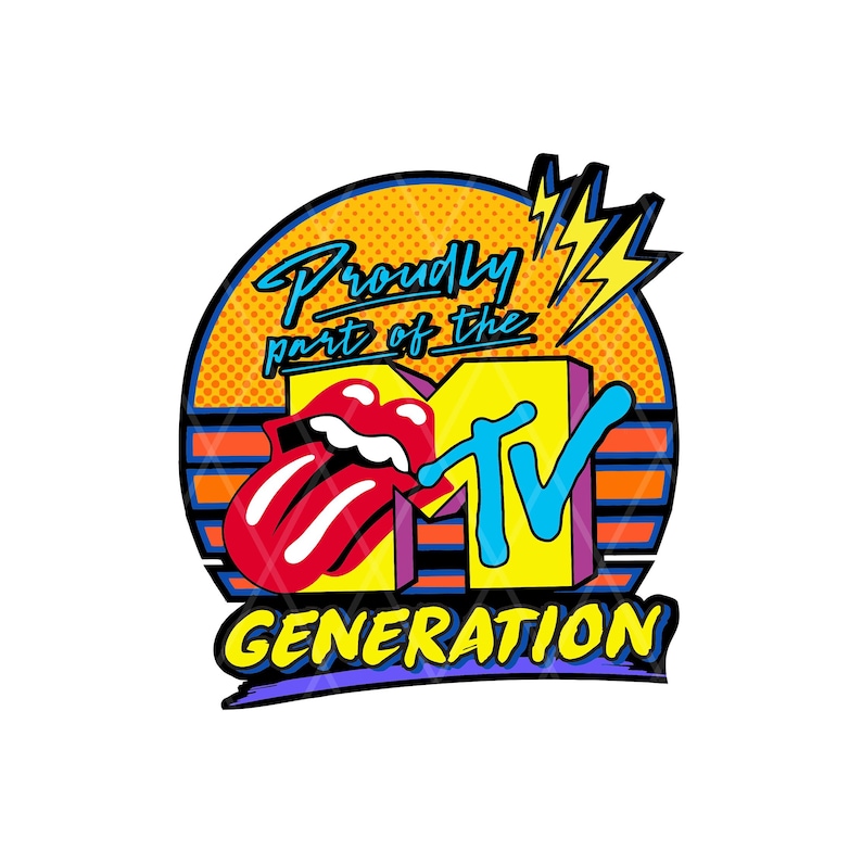 K&ouml;nnte beinhalten: Ein farbenfrohes Grafikdesign mit dem MTV-Logo, einer roten Zunge, Blitzen und dem Text "Proudly part of the Generation". Das Design hat einen Retro-Look der 80er/90er Jahre mit gelben, orangefarbenen und blauen Farbt&ouml;nen.