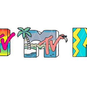 K&ouml;nnte beinhalten: Drei farbenfrohe MTV-Logos. Das erste zeigt einen Sonnenuntergang und Palmen, das zweite eine Strandszene mit einem Flamingo mit Sonnenbrille und das dritte ein Zickzackmuster.