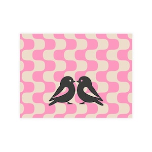 Bündel 10 -Retro Liebe Vögel Karte | Rosa & Creme Wellen | 2-seitiger Druck