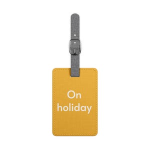 On Holiday Luggage Tag.  Personalized Travel Tag, Yellow and White, Custom Bag Tag for Travel