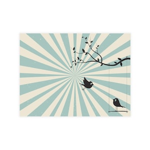 Lot de 10 - Rétro carte oiseaux d'amour | Rayures Aqua Vortex | Oiseau sur une balançoire