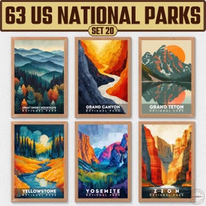 63 US National Park Prints, National Park Poster, Travel Wall Decor, Retro Travel Poster, Office Poster, Home Decor, Digital Download