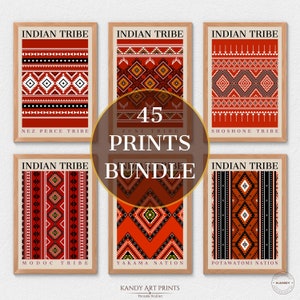 May include: A set of six printable posters featuring geometric patterns inspired by Native American tribes. The posters are in a red, black, and white color scheme and include the names of the tribes: Nez Perce, Zuni, Shoshone, Modoc, Yakama Nation, and Potawatomi Nation. The text "45 Prints Bundle" is displayed in the center of the image.