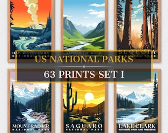 May include: A set of six illustrated posters featuring various US National Parks. The posters are in a vintage style with a colorful palette and bold text. The parks featured are Hawaii Volcanoes National Park, Gates of the Arctic National Preserve, Sequoia National Park, Mount Rainier National Park, Saguaro National Park, and Lake Clark National Park and Preserve.