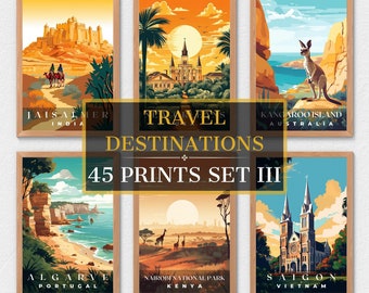 45 Travel Destination Prints, Travel Poster, Travel Wall Decor, Retro Travel Poster, Office Poster, Home Decor, Travel Art, Digital Download