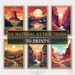 50 US Natural Attraction Prints, Travel Poster, Travel Decor, National Park Poster, Office Poster, Home Decor, Travel Art, Digital Download