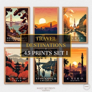 45 impresiones de destinos de viaje, póster de viaje, decoración de pared de viaje, póster de viaje retro, póster de oficina, decoración del hogar, arte de viaje, descarga digital