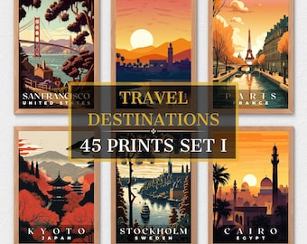 45 Travel Destination Prints, Travel Poster, Travel Wall Decor, Retro Travel Poster, Office Poster, Home Decor, Travel Art, Digital Download